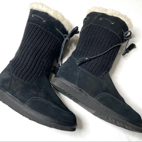 Bass Fargo Black Suede Knit Winter Boots Faux Fur Tassel Size 7 - Picture 8 of 12